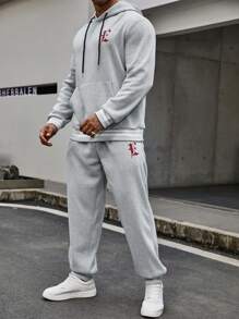 Manfinity Homme Conjunto De Dos Piezas De Sudadera Con Capucha Y Pantalón Deportivo Con Estampado De Letras De Talla Grande Para Hombre - Gris - Ver 8