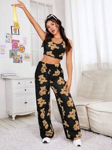 SHEIN Qutie Pantalones Rectos Con Patrón De Osos Cariñosos - Negro - Ver 4