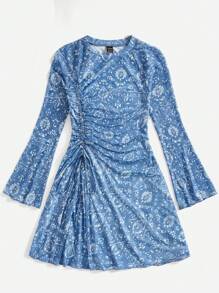 SHEIN VCAY Floral Printed Drawstring Bell Sleeve Women's Dress - Black - View 3