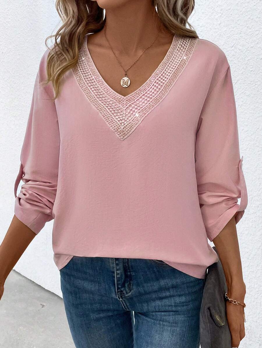 SHEIN LUNE Women's V-neck Lace Patchwork Shirring Sleeve Blouse With Ribbon Detailing - Pink - View 1