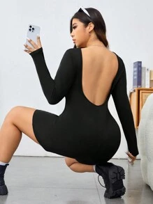 SHEIN EZwear Ladies' Solid Color Round Neck Long Sleeve Backless Jumpsuit Jumpsuit - Black - View 1
