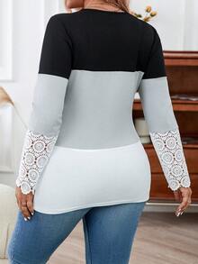 Calvaya Plus Size Lace Splice Color Block Long Sleeve T-shirt - Multicolor - View 2