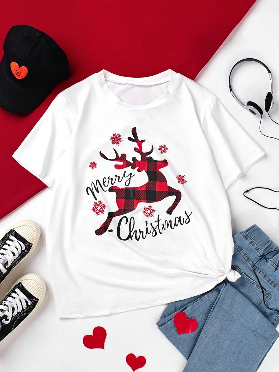 SHEIN Unity Plus Size Christmas Pattern T-shirt - White - View 1