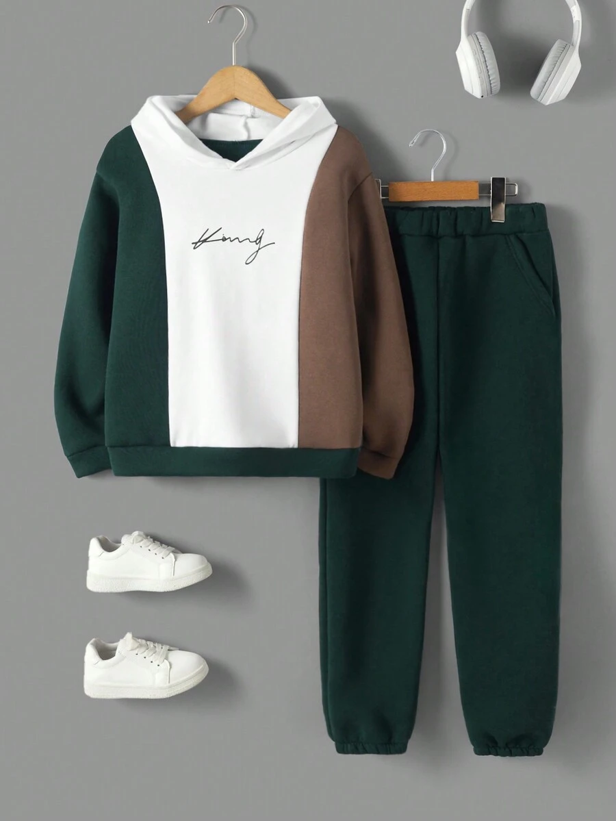 RueChic Tween Boy Letter Graphic Colorblock Hoodie & Sweatpants - متعدد الألوان - مشاهدة 1
