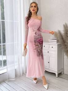 SHEIN Privé 女款不對稱領口玫瑰印花洋裝 - 粉色 - 查看 5