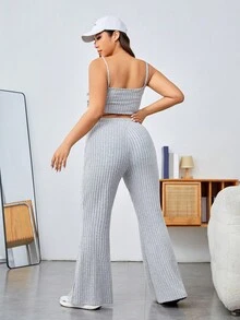 SHEIN EZwear 大尺碼女士灰色針織肋紋背心和長褲套裝 - 淺灰色 - 查看 2