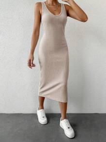 Women's Set Of Stand Collar Ribbed Drop Shoulder T-Shirt And Skirt - Apricot - View 5
