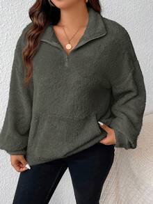 SHEIN Frenchy 大尺碼女式翻領毛絨羊毛運動衫 - 棕色 - 查看 6