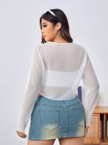 SHEIN EZwear Knit Mesh Tie-front Plus Size Top