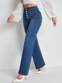 SHEIN Essnce Women's High Waist Wide Leg Denim Pants With Button Closure Pockets - Dark Wash - View 1