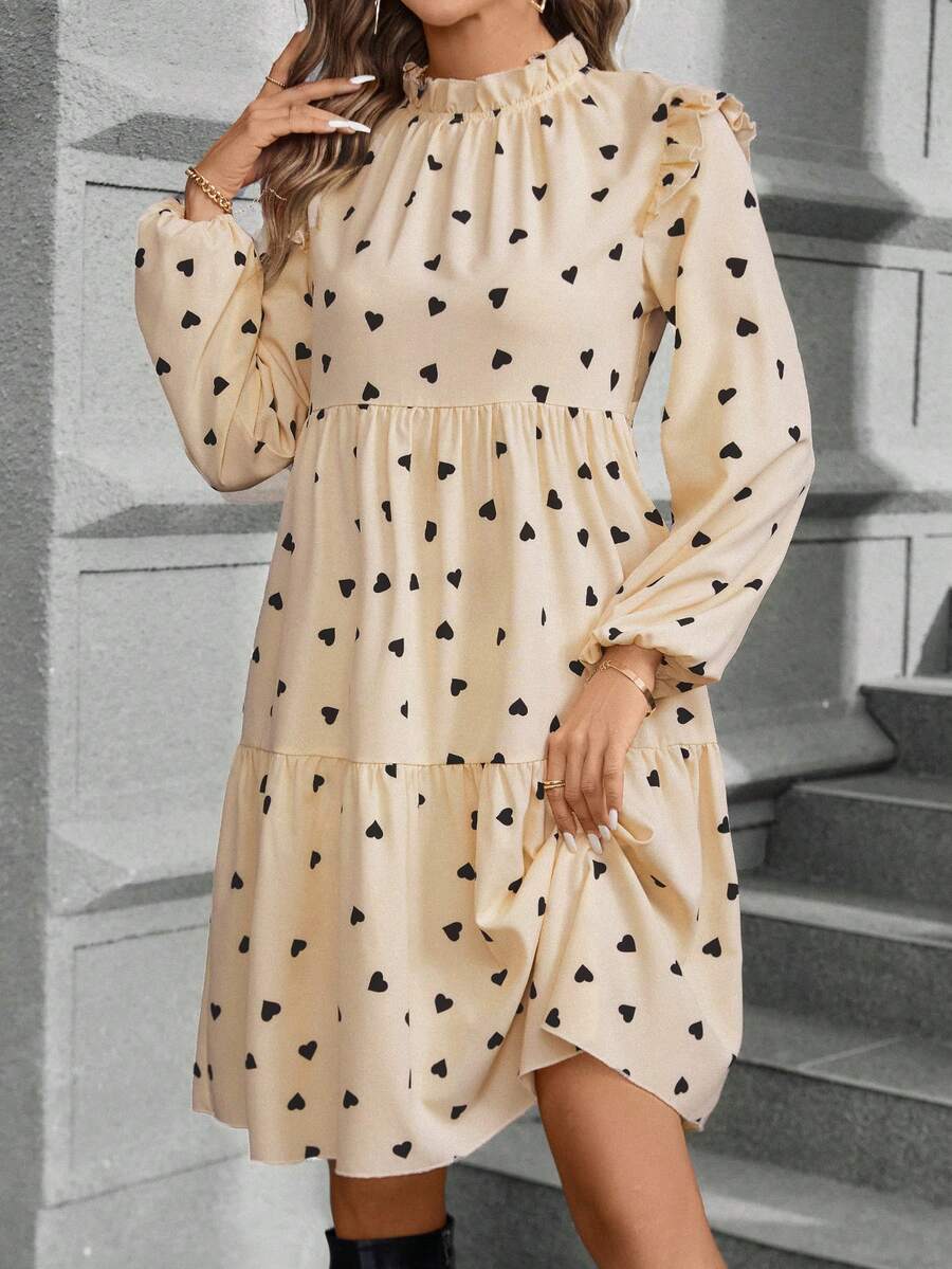 SHEIN Privé Heart-shaped Pattern Lantern Sleeve Dress - Apricot - View 1