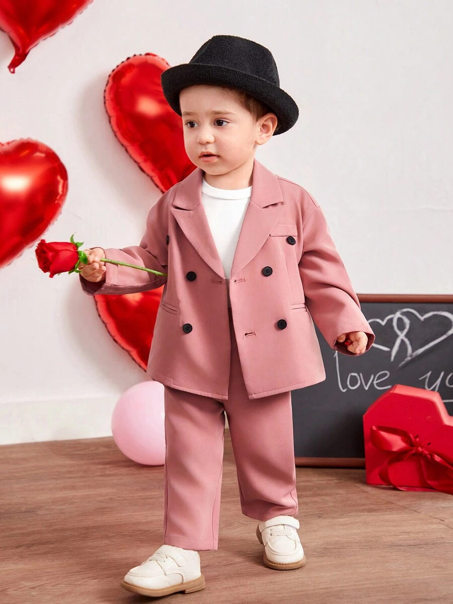 SHEIN 嬰兒男童休閒粉色西裝外套和褲子套裝 - 彩色 - 查看 1