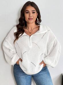 SHEIN Franclia 大尺碼白色寬鬆滑肩半拉鍊套頭毛衣 - 白色 - 查看 1