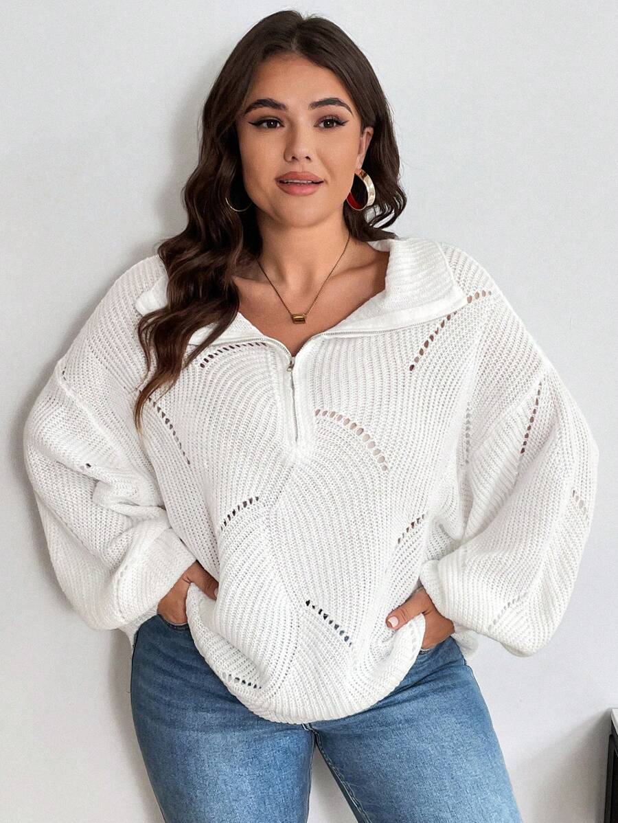 SHEIN Franclia 大尺碼白色寬鬆滑肩半拉鍊套頭毛衣 - 白色 - 查看 1