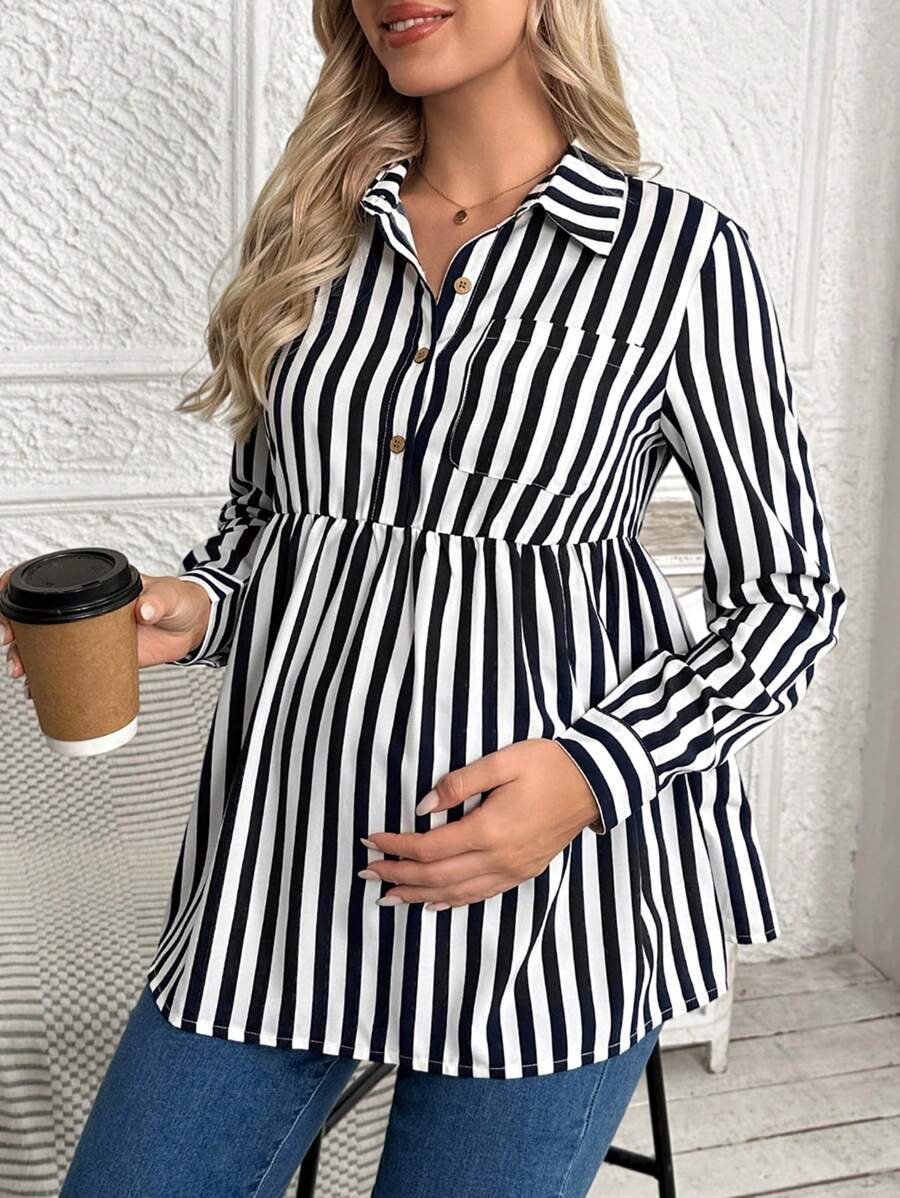 SHEIN Maternity Striped Shirt - Navy Blue - View 1