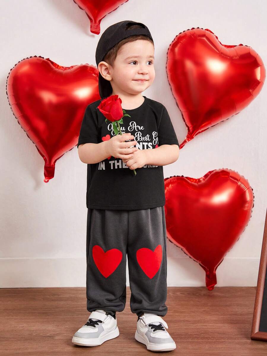 SHEIN Em bé Con trai Lá thư In Ngắn tay Vòng cổ Áo Và Quần có chân Bộ - màu đen - Xem 1