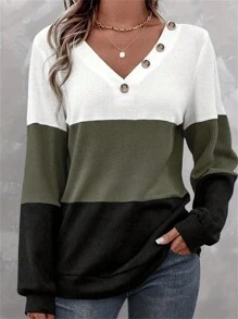 INAWLY Áo thun trang trí nút màu khối cỡ lớn cho nữ, dành cho Lễ Tạ ơn - xanh quân đội - Xem 1