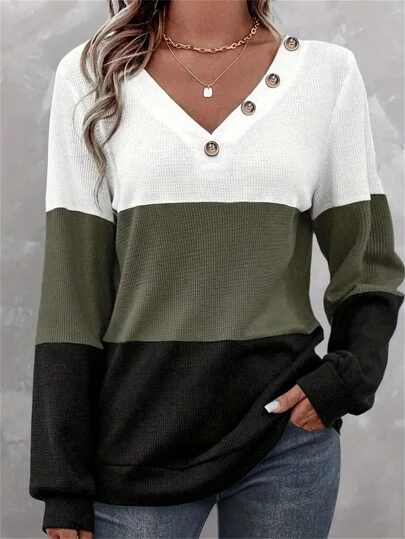 INAWLY Plus Size Women's Color-Block Button Decorated T-Shirt, For Thanksgiving Fall Cloth For Women