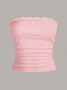 SHEIN EZwear 2 Piezas Tops Sin Tirantes Ajustados De Encaje Con Parches - Rosa - Ver 5