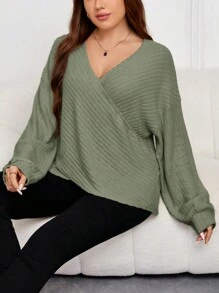 SHEIN Frenchy Plus Size Solid Color Cross Wrap Drop Shoulder T-Shirt - Dark Green - View 5