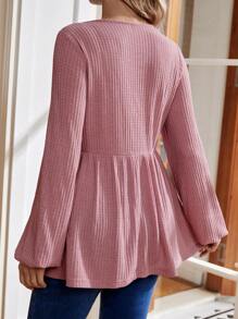 SHEIN Maternity Solid Waffle Pattern Long Sleeve Breastfeeding T-Shirt - Pink - View 2
