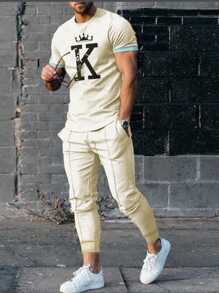 Manfinity LEGND 男士印花字母短袖t恤和長褲兩件套裝 - 杏色 - 查看 1