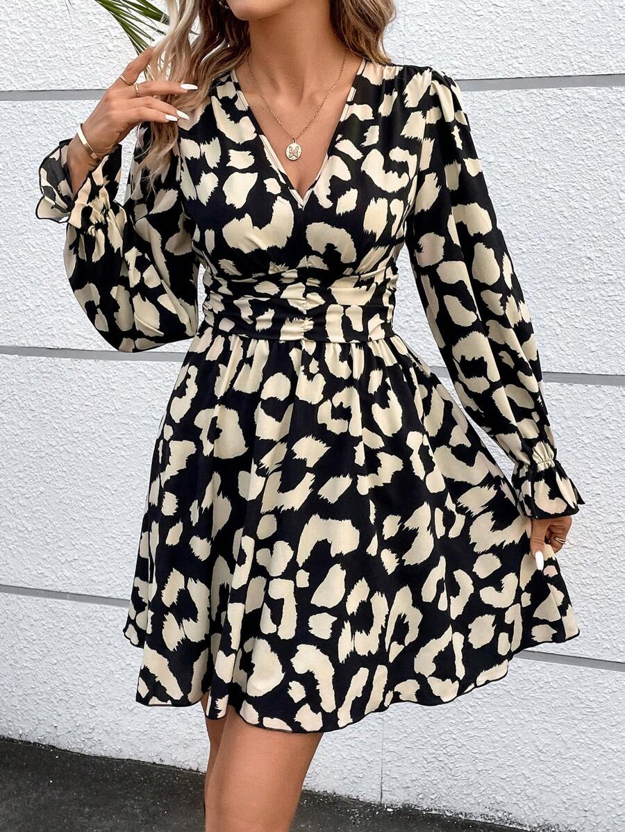 SHEIN Frenchy Women's Leopard Print Ruffle Sleeve Dress - Black and White - View 1