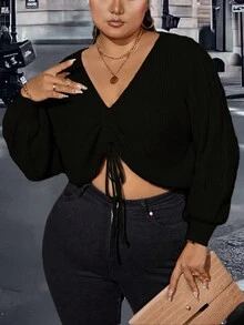 Celure 女款大尺碼前繫帶燈籠袖針織毛衣 - 黑色 - 查看 3