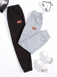 SHEIN Leap Crew Tween Boys' Casual Solid Color Patch Detail Knitted Pants 2pcs/Set - Multicolor - View 2