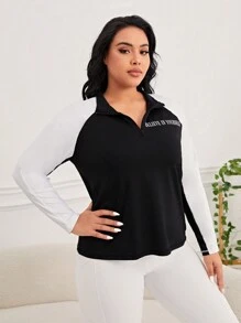 SHEIN Golf Casual 大碼標語圖案拼接插肩袖半拉鏈運動衛衣 - 黑與白 - 查看 4