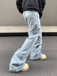 Manfinity Hypemode Men's Solid Color Wide Leg Denim Jeans With Slanted Pockets Baggy Long Washed Flare Jean Cargo Plain Light Blue Party Street Wear Rapper