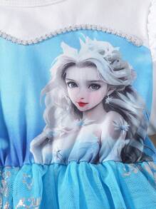 SHEIN Young Girl Princess Tutu Dress With Tulle Mesh Overlay - Blue - View 3