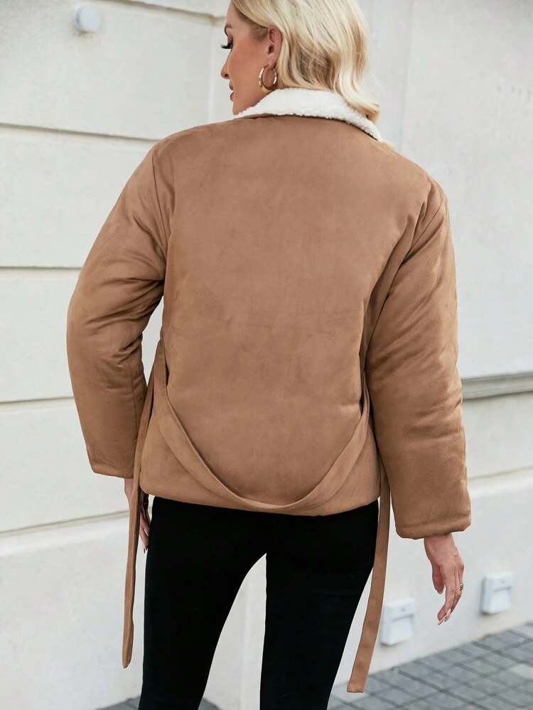 Plush Patchwork Zipper Up Padded Padded Coat Clothes Winter Fall Cloth For Women