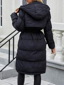 SHEIN LUNE Women'S Long Hooded Winter Clothes Padded Padded Coat - Black - View 2