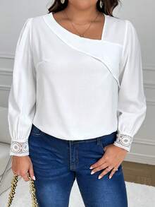 SHEIN Franclia Áo sơ mi tay phồng cổ bất đối xứng cỡ lớn - trắng - Xem 5