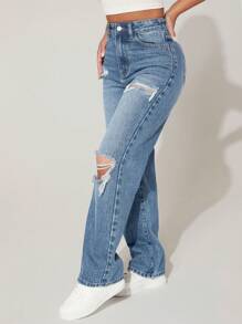 SHEIN EZwear 女士破洞保暖内衬拉绒面料保暖牛仔裤加厚牛仔布 - 藍色 - 查看 2