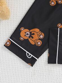 Tween Girl Cartoon Bear Printed Loungewear With Contrast Trim, For Home - Black - View 7