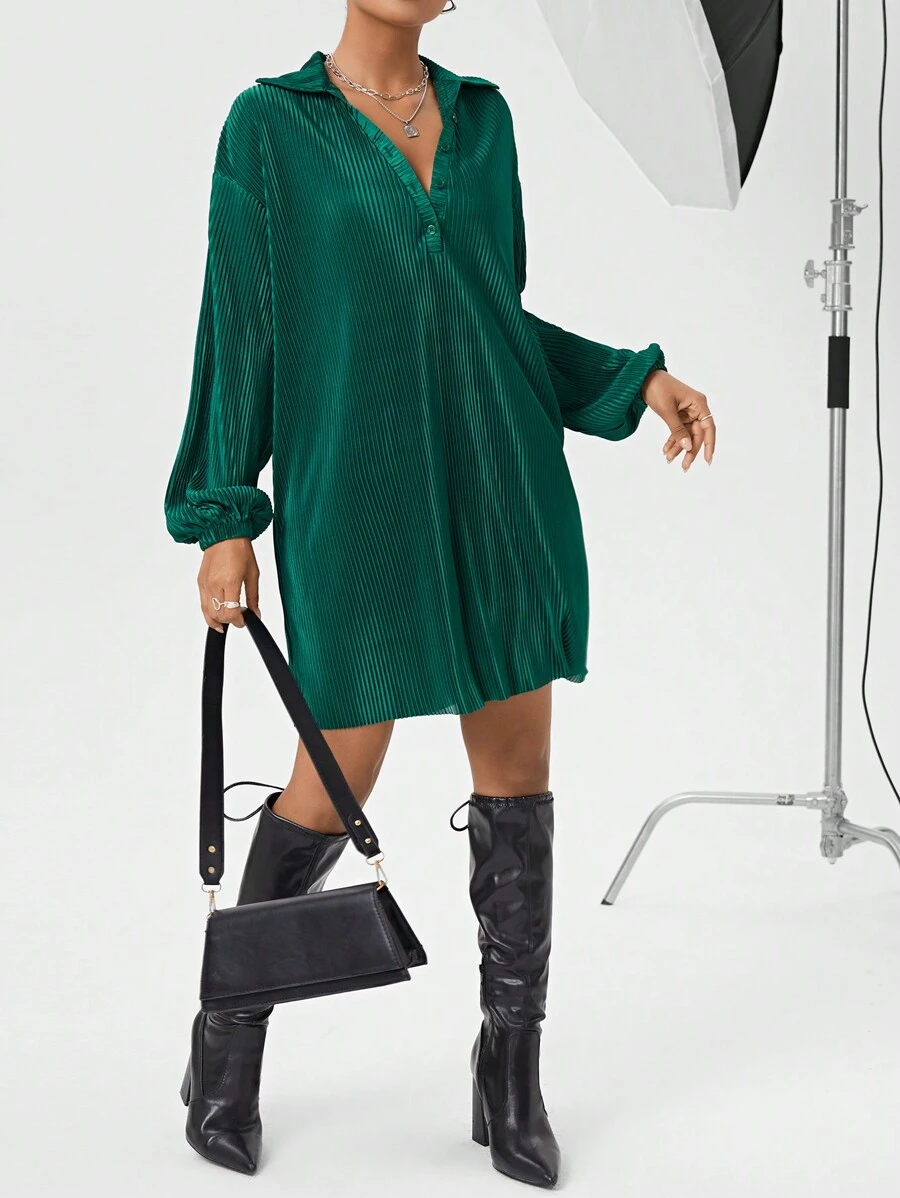 SHEIN Essnce 女士絲絨燈籠袖連衣裙 - 綠色 - 查看 1