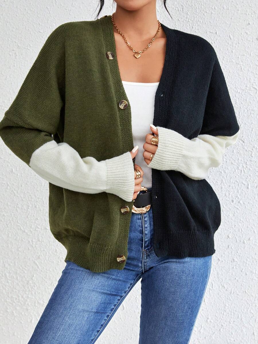 SHEIN Essnce 女士色塊蝙蝠袖針織開衫 - 黑色 - 查看 1