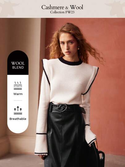 MOTF PREMIUM SUÉTER DE MEZCLA DE LANA CON VOLANTE DE CONTRASTE