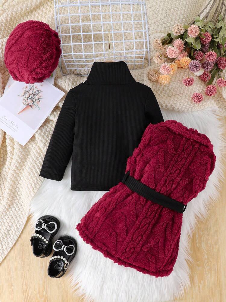 Baby Girls' 3pcs/set Long Sleeve Black Top With Belt, Plush Texture Skirt And Hat
