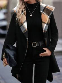 SHEIN Clasi Plaid Panel Asymmetrical Hem Belted Overcoat Fall Winter Cloth For Women - Multicolor - View 4