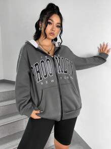 SHEIN EZwear 女裝大尺碼字母印花拉鍊連帽衛衣 - 深灰色 - 查看 6