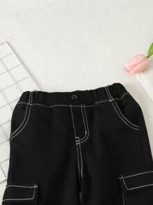 SHEIN 年輕女孩休閒舒適職業風寬腿牛仔褲 - 黑色 - 查看 3
