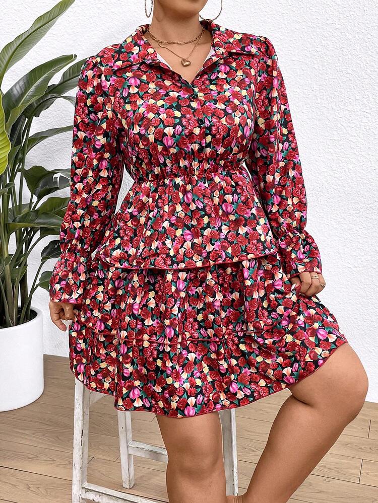 Plus Size Floral Pattern Ruffle Sleeve Dress