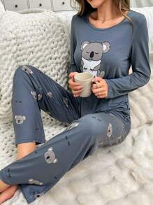 Koala Printed Long Sleeve T-Shirt And Pants Pajama Set, Fall Winter Clothes Cozy And Elegant Details - Blue - View 5