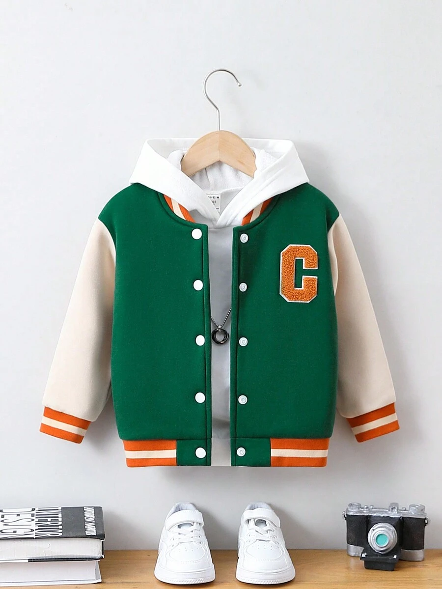 SHEIN 男童插肩袖字母贴花条纹装饰夹克（无连帽衫） - 綠色 - 查看 1