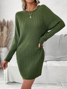 SHEIN LUNE Women'S Ribbed Knit Sweater Dress With Raglan Sleeves - Army Green - View 5