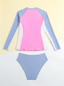 Teenage Girls' Color Block Zipper Front Tankini Set - Multicolor - View 2