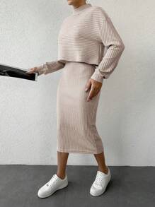Women's Set Of Stand Collar Ribbed Drop Shoulder T-Shirt And Skirt - Apricot - View 4